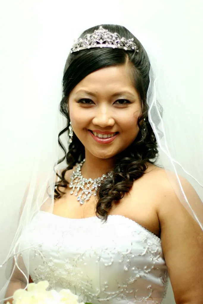 Bride in white wedding dress with elegant bridal styling