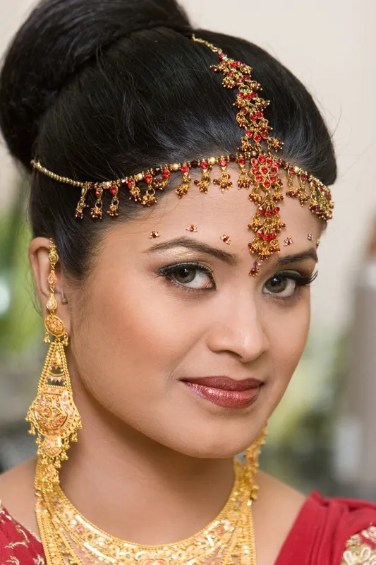 Close-up of Indian bridal makeup and traditional head jewelry