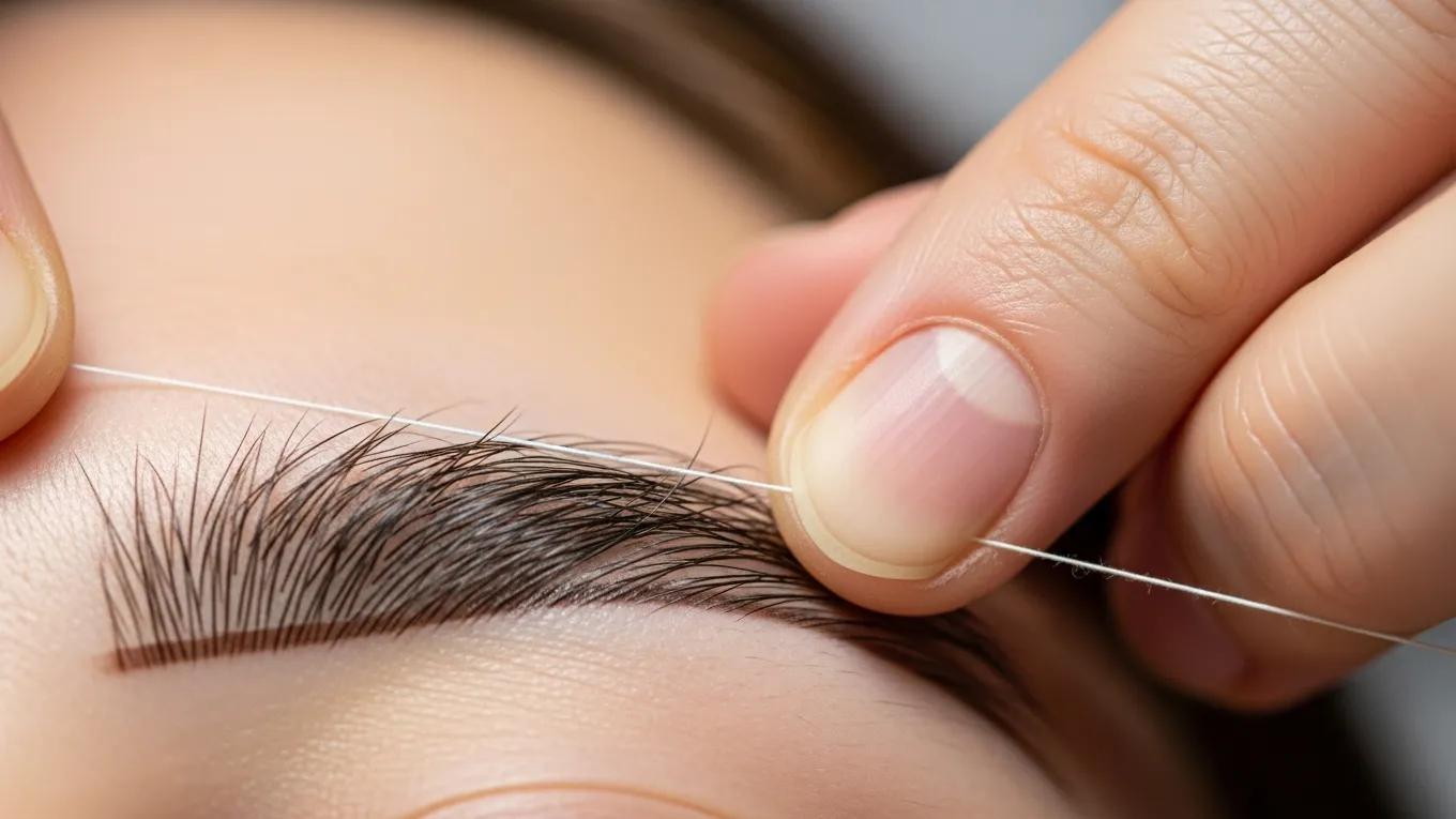 Close-up of a eyebrow threading in progress at brows zone beauty salon