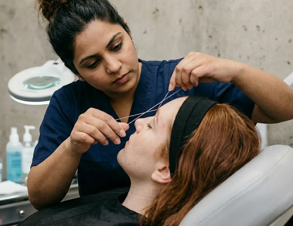 Professional eyebrow shaping in a trendy NYC salon using threading technique