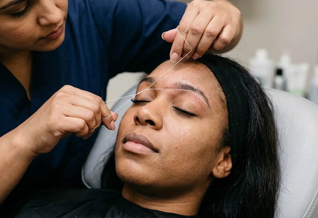 Beauty salon with eyebrow threading station, showcasing professionalism and comfort